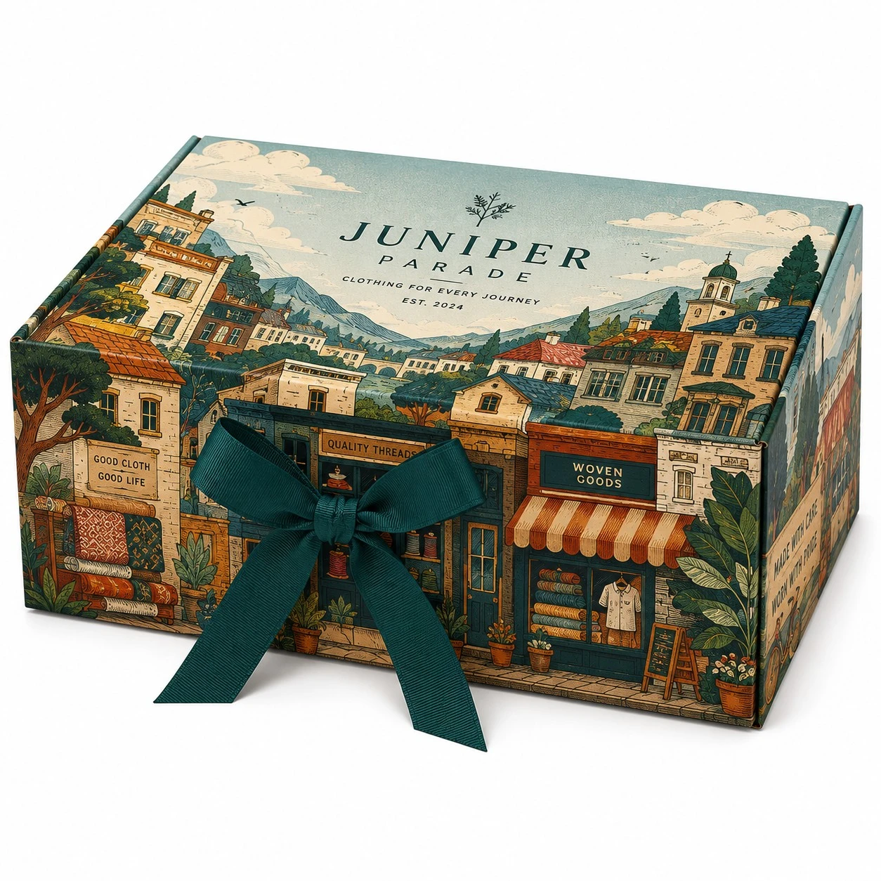 Rigid two-piece gift box with illustrated wrap and front ribbon closure for folded apparel.