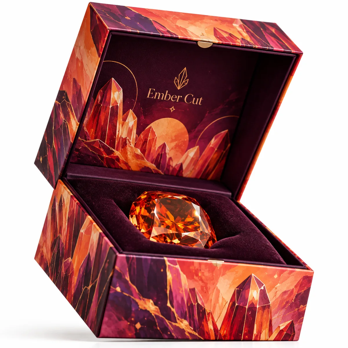 Open hinged gemstone gift box with orange crystal illustrations, a plum velvet insert and a faceted amber-colored stone.