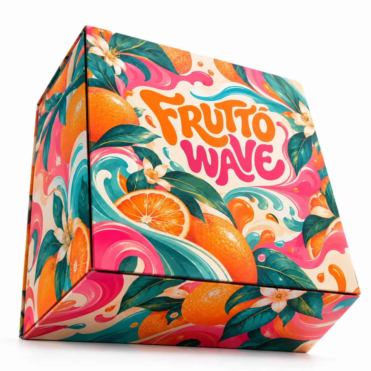 Low-angle view of a closed Frutto Wave magnetic gift box wrapped in orange, pink, and teal citrus illustrations and bold lettering.