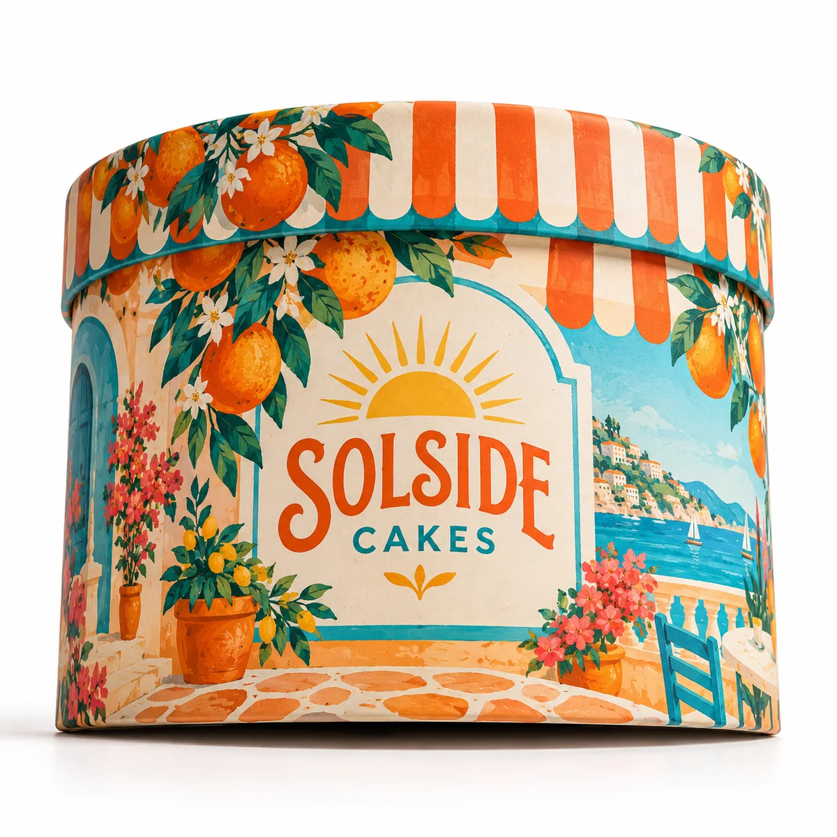 Colorful round cake packaging featuring SOLSIDE CAKES branding, illustrated oranges, coastal scenery, and striped lid
