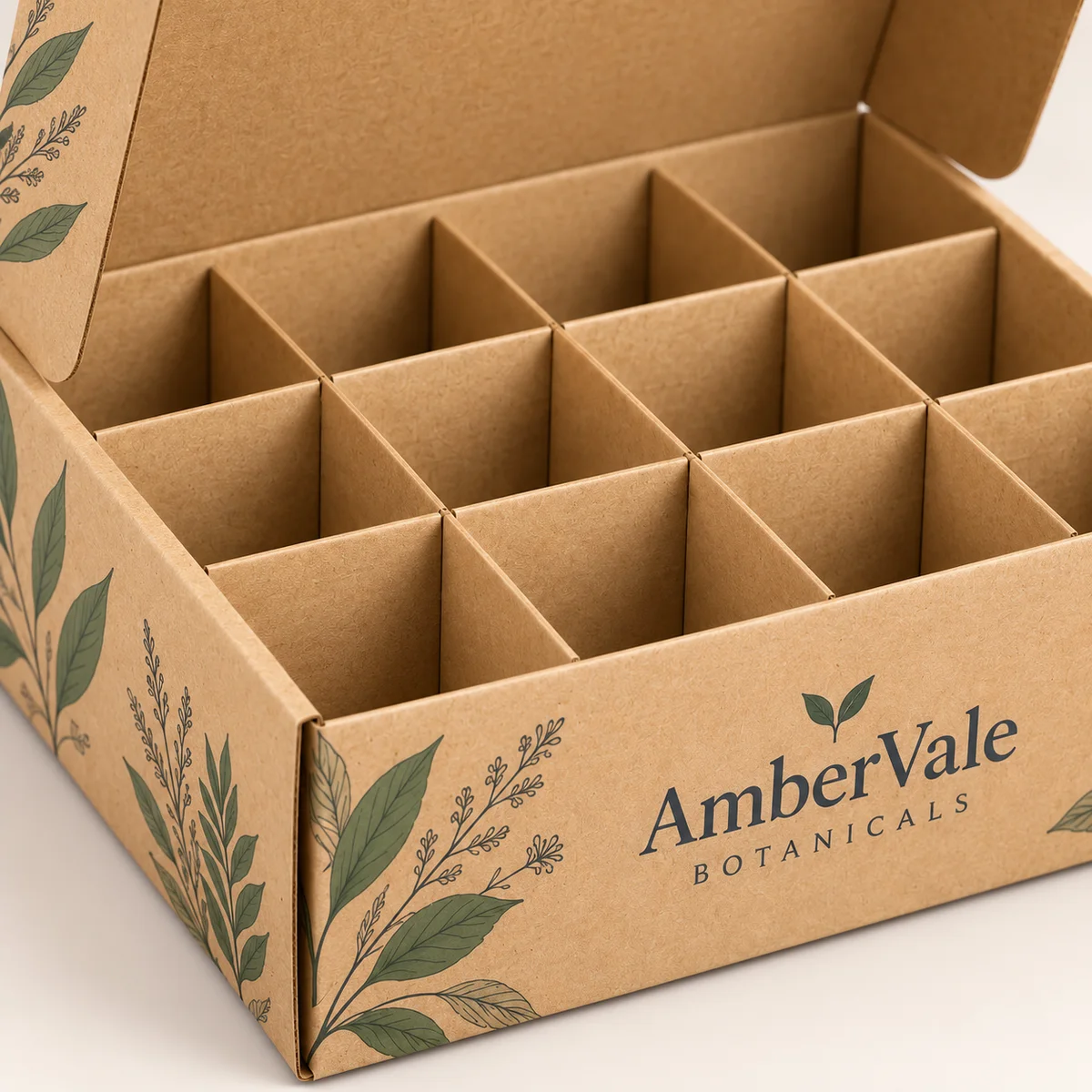 Close-up of interlocking kraft cardboard partitions showing divider joints, paperboard texture, and AmberVale Botanicals branding.