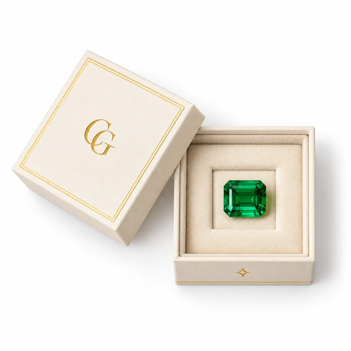 Top-down view of an ivory gemstone presentation box with a gold monogram lid and emerald-cut green stone in a cream velvet insert.