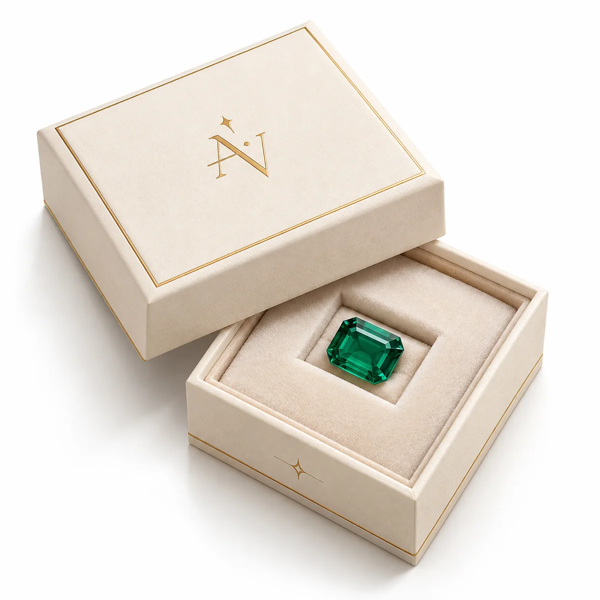 Ivory rigid gemstone packaging with gold detailing and a green emerald-cut stone set in a fitted cream velvet insert.