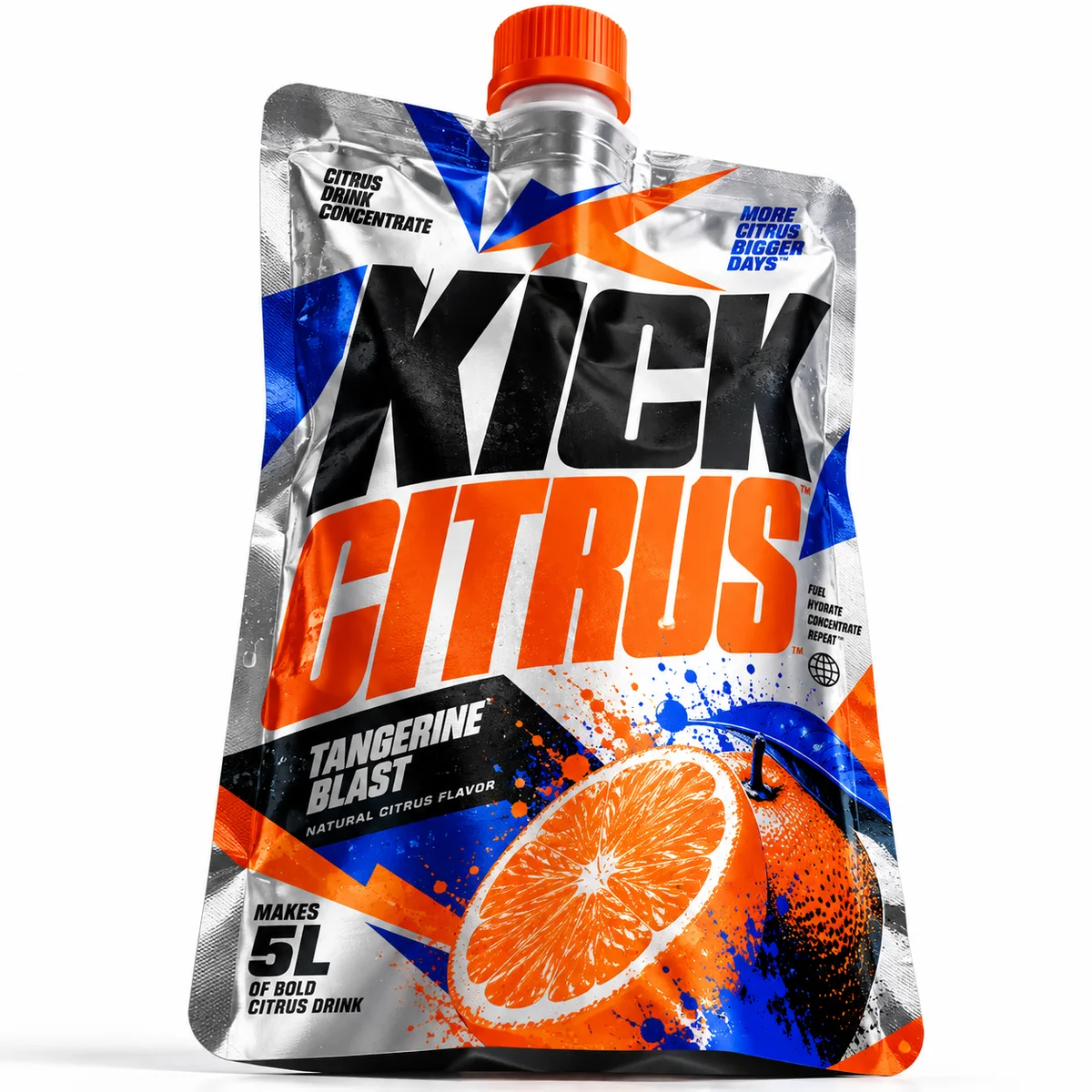 Metallic foil spout pouch with oversized KICK CITRUS lettering, orange cap, blue graphics, and tangerine artwork