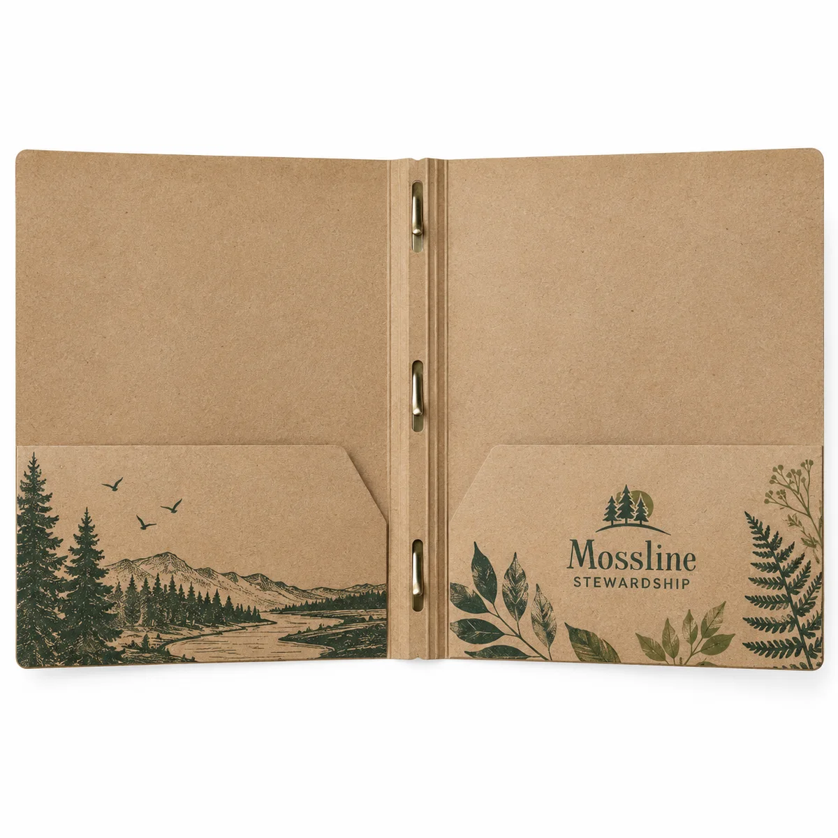 Open kraft 3 prong pocket folder with two interior pockets, green landscape illustrations, and Mossline Stewardship branding.
