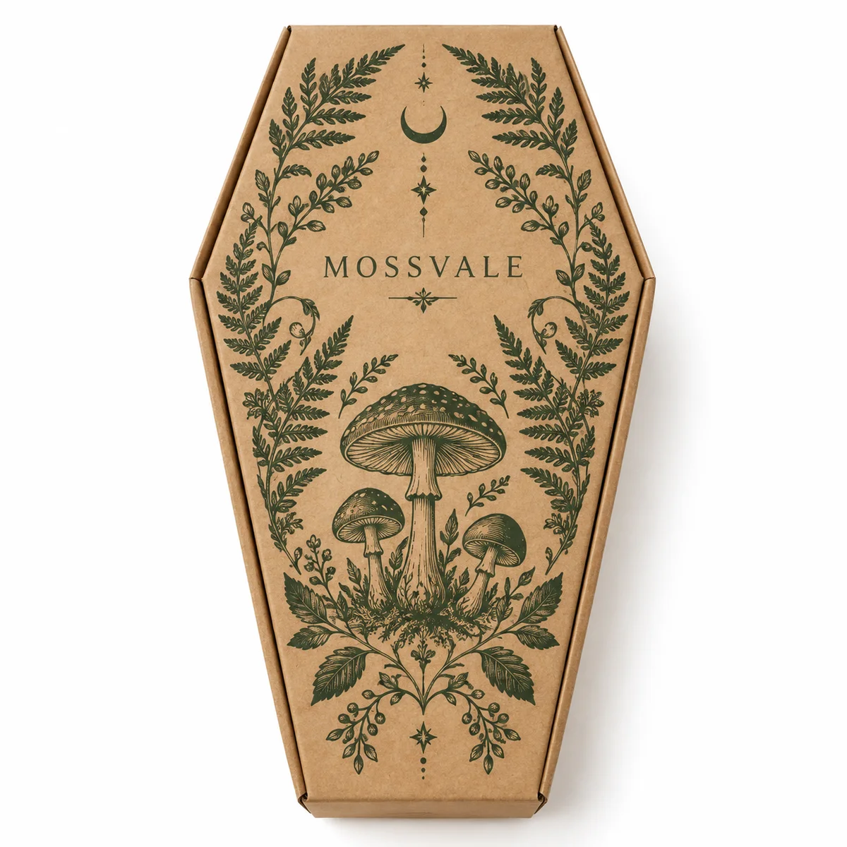 Natural kraft coffin gift box with dark green botanical illustrations, woodland mushrooms, and fern artwork.