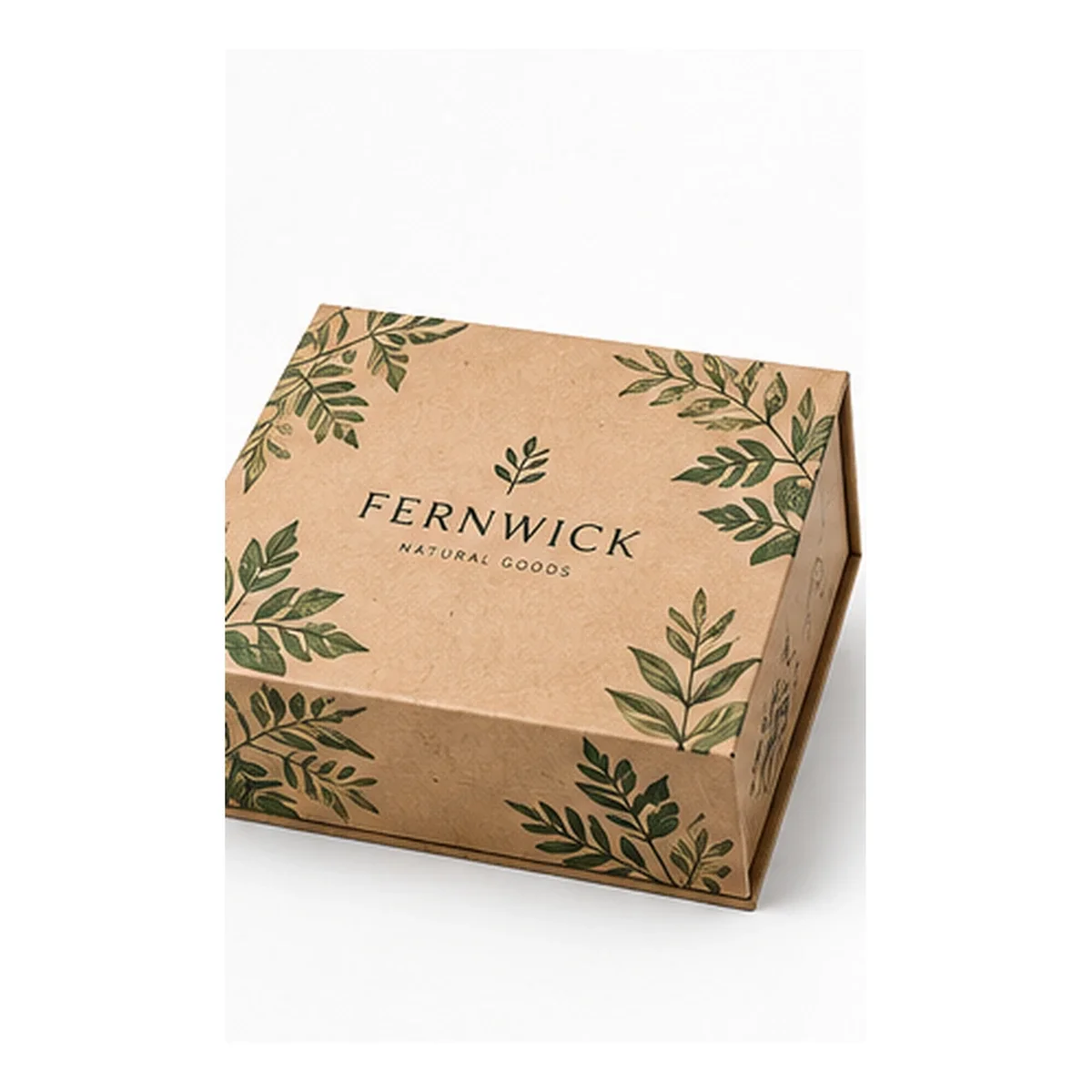 Closed kraft magnetic gift box with green botanical illustrations and FERNWICK branding, shown at an elevated angle.
