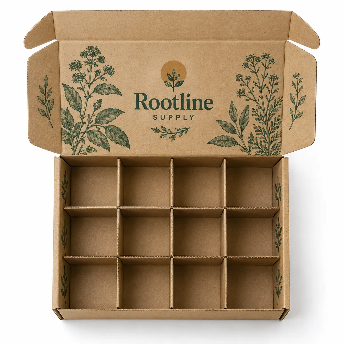 Overhead view of a kraft cardboard box with twelve divider compartments and green Rootline Supply botanical artwork.