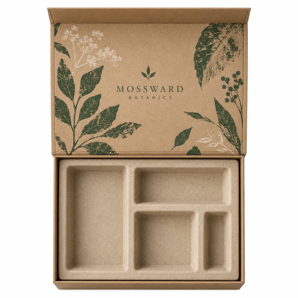 Overhead view of an open kraft magnetic gift box for Mossward Botanics, with green botanical prints and a molded-fiber tray.