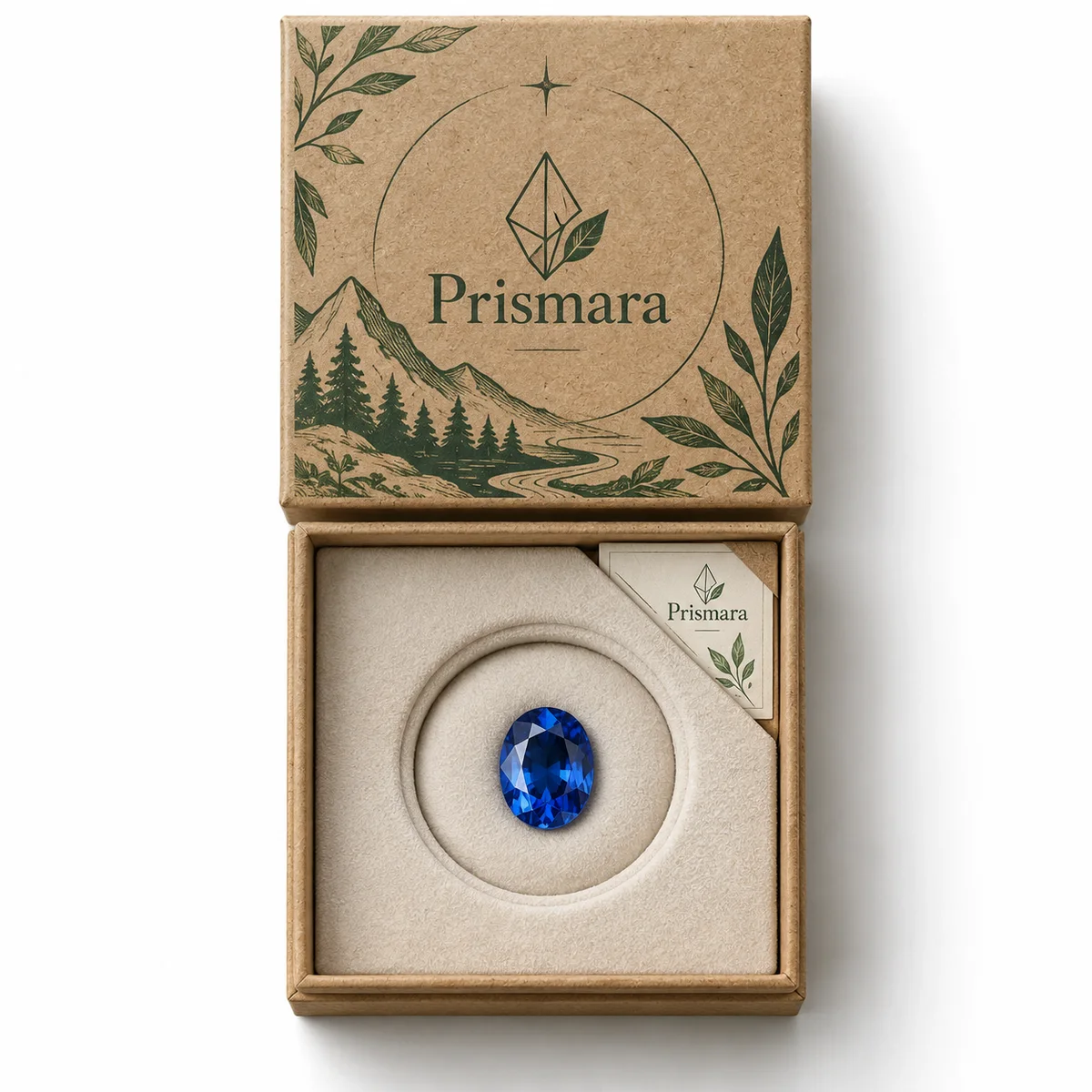 Kraft gemstone presentation box with green botanical artwork, an oval blue sapphire-like stone and a padded insert.