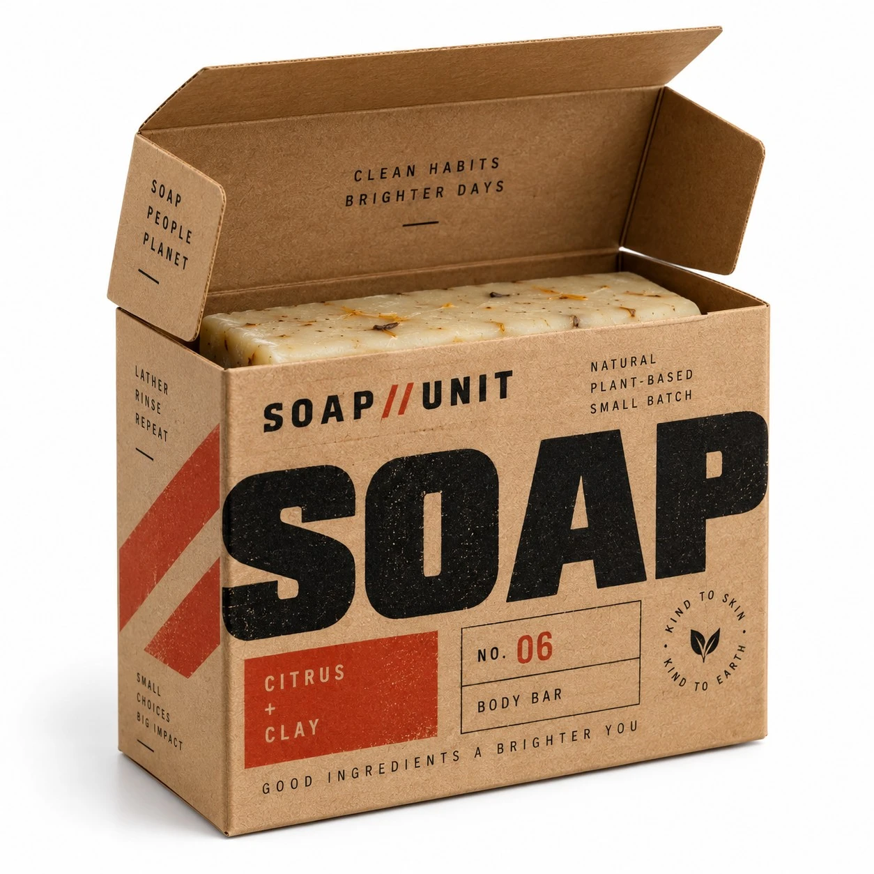 kraft soap boxes open brutalist type