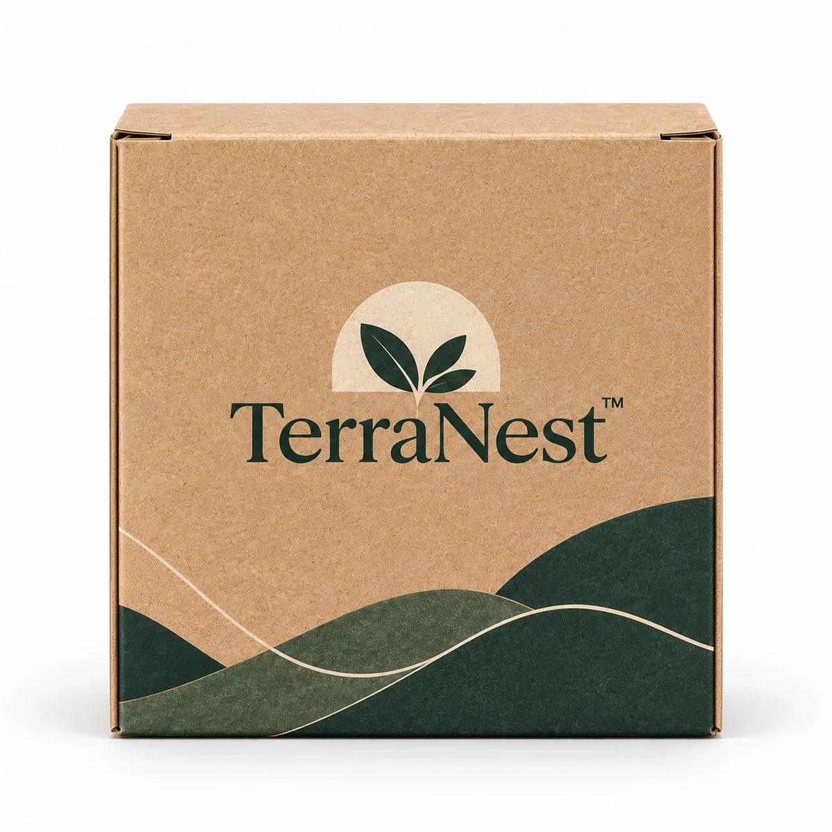 Straight-on front view of a custom kraft tuck top box with TerraNest leaf branding and dark green wave graphics.