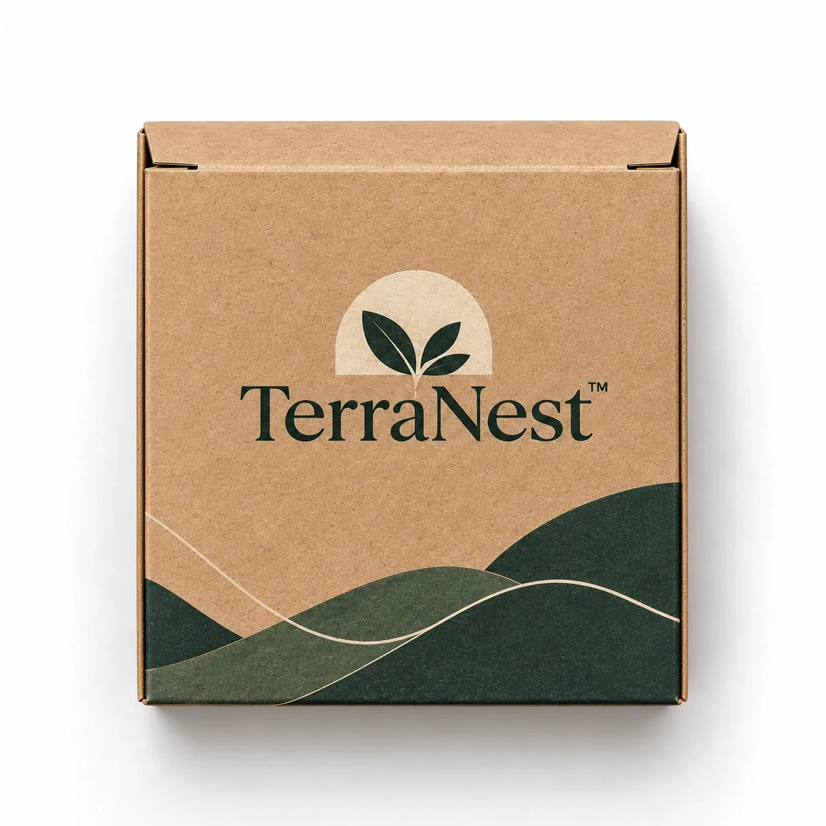 Overhead-style view of a branded kraft tuck top box with green landscape artwork and visible top closure folds.