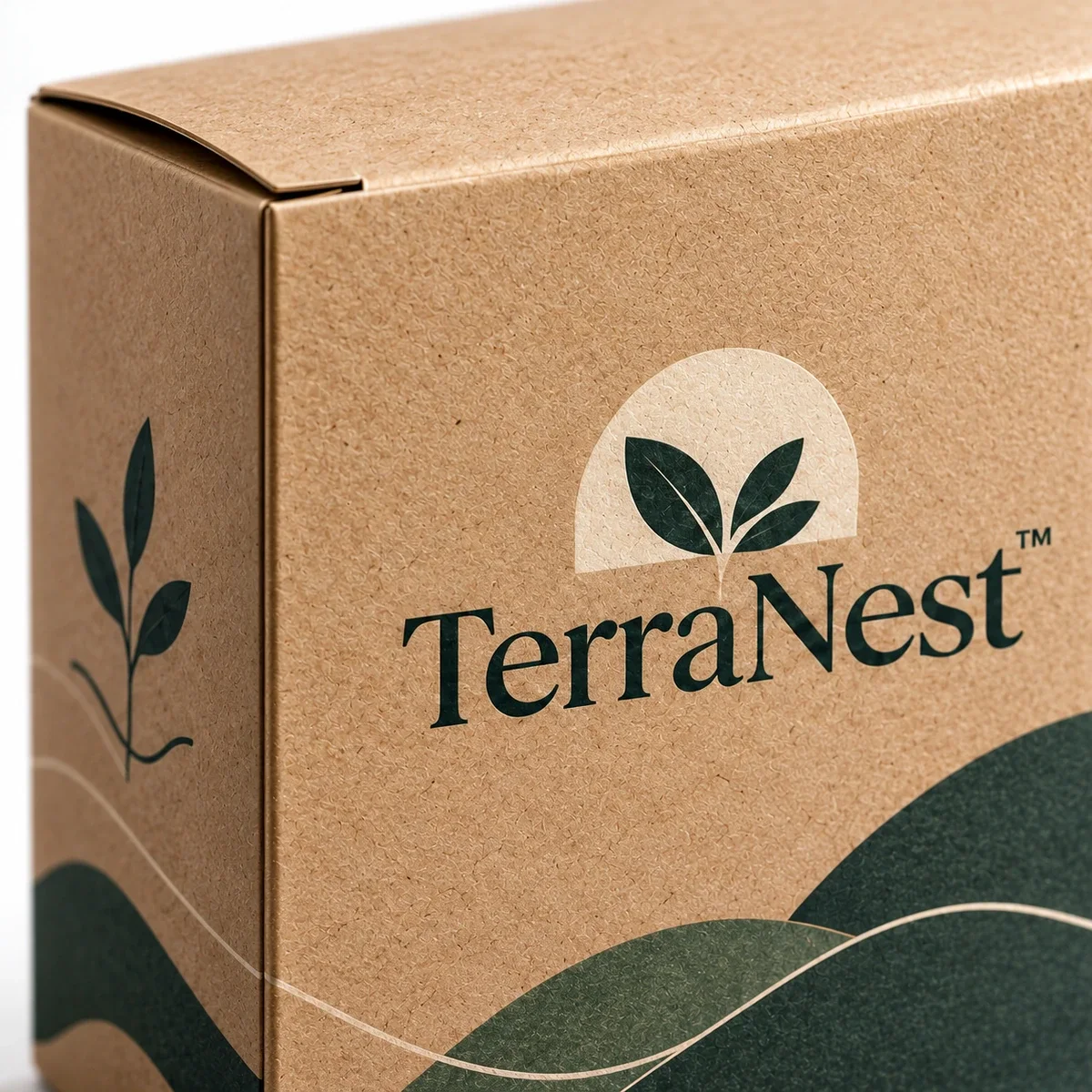 Close-up of a kraft tuck top box showing textured brown paperboard, printed TerraNest branding and folded edges.