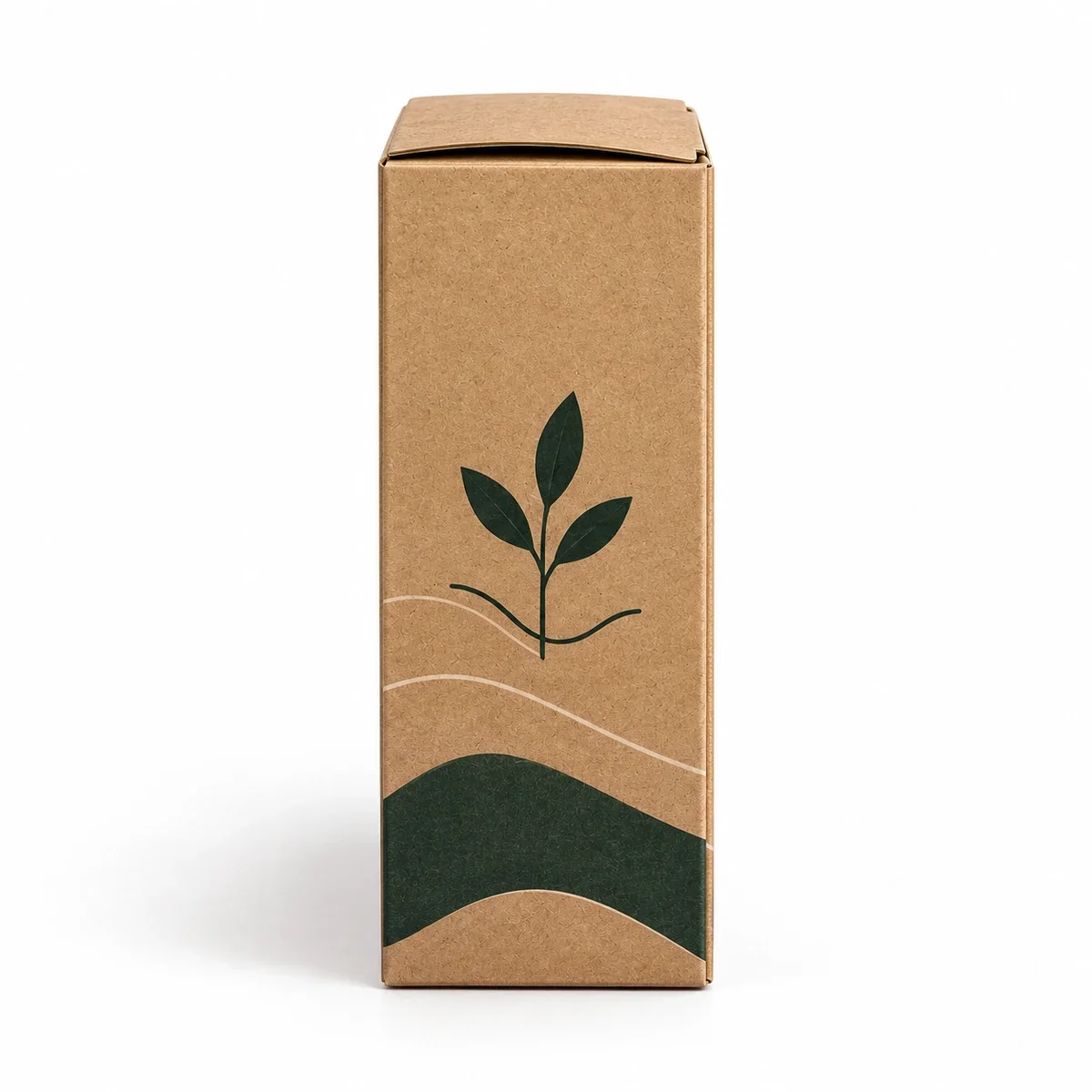 Side profile of a natural kraft tuck top box showing botanical printing, brown paper texture and folded top closure.