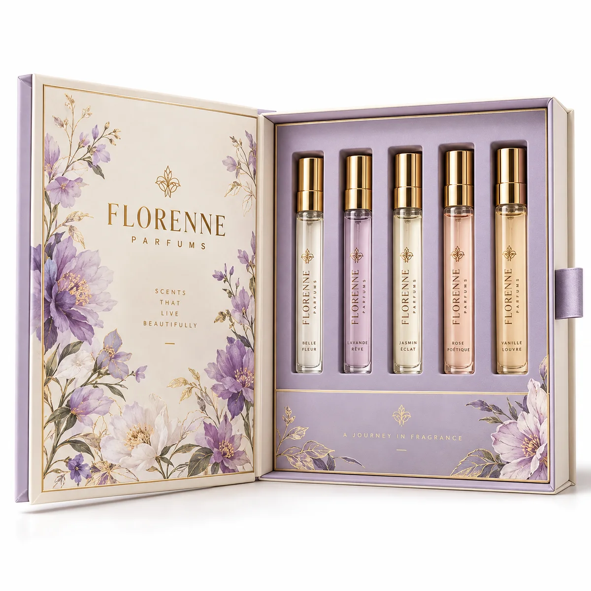 Open cream and lavender Florenne Parfums rigid presentation box with purple floral artwork and five fitted perfume sample vials.