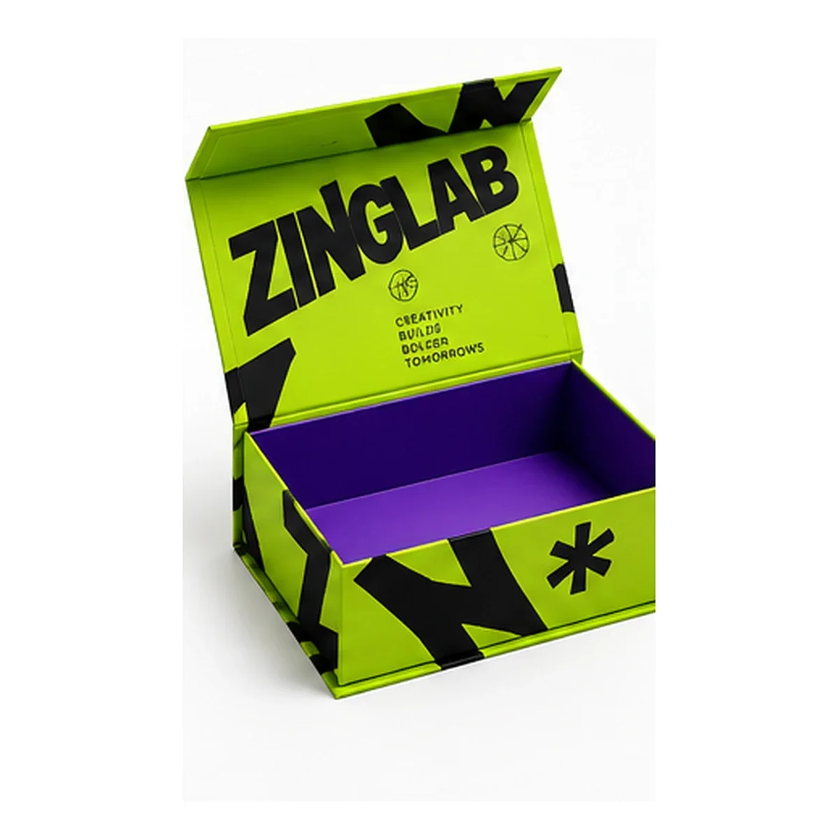 Open neon-lime ZINGLAB magnetic gift box with oversized black lettering, graphic icons, and a purple interior.