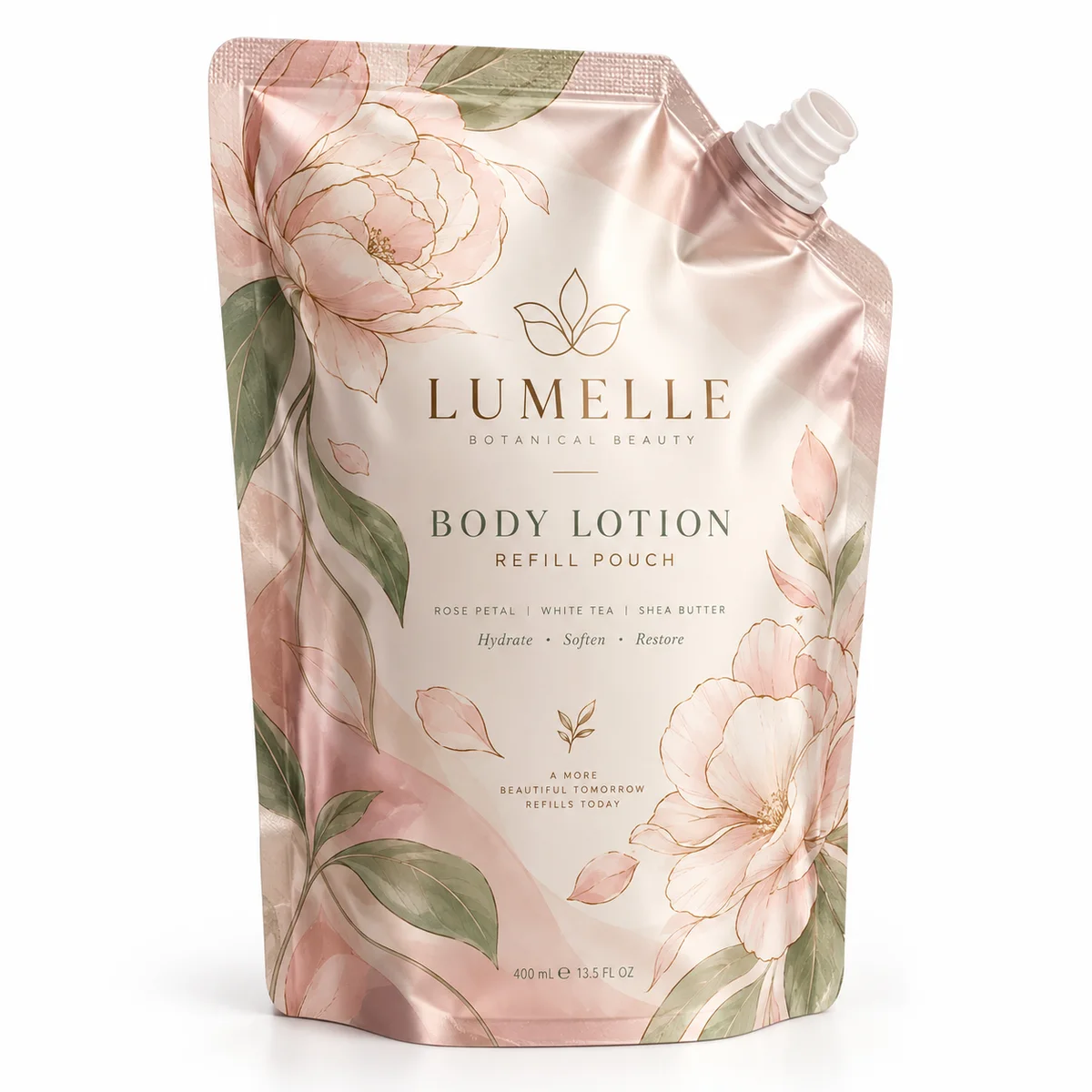 Pastel pink aluminum foil spout pouch with white open spout, delicate floral artwork, and LUMELLE body lotion branding