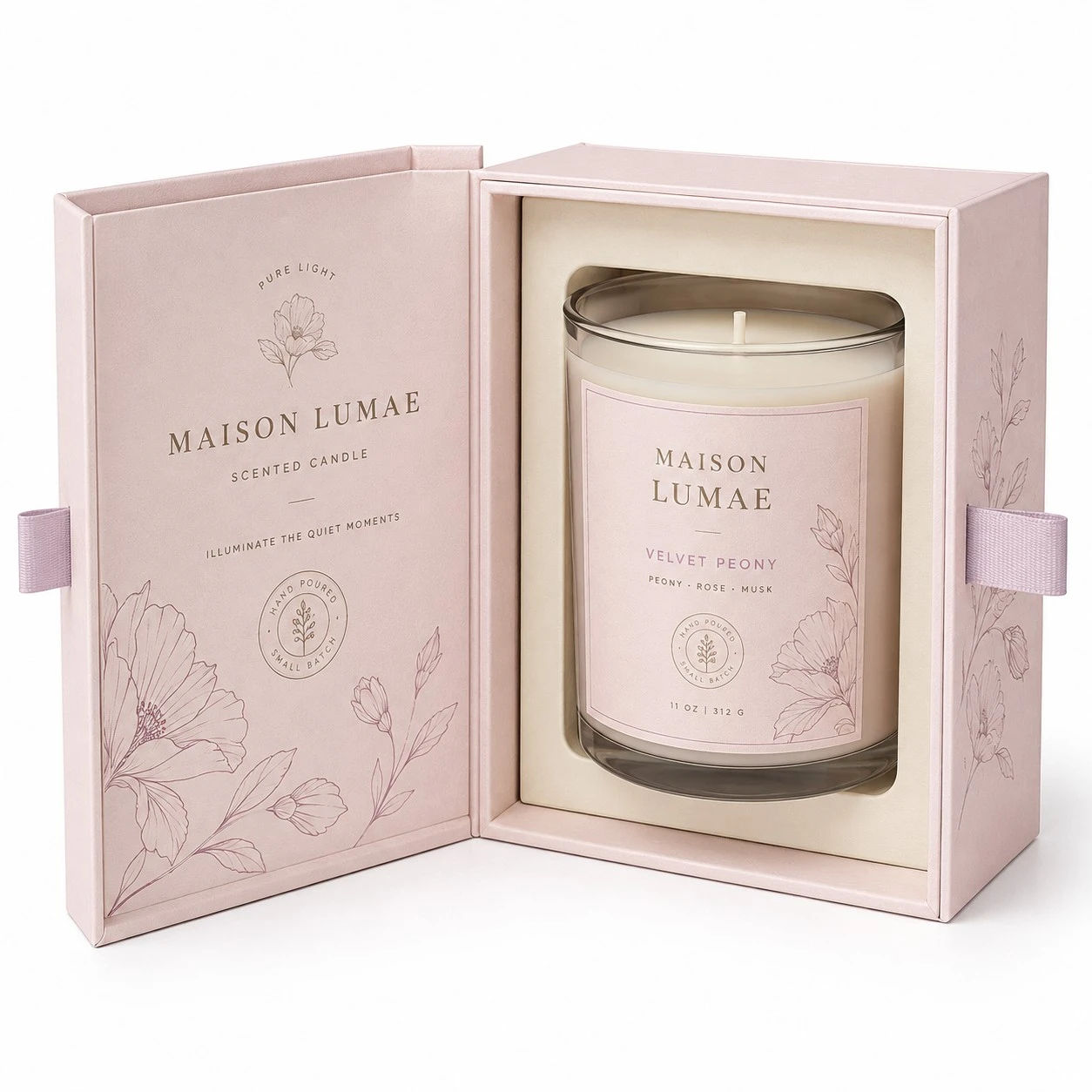 luxury candle packaging boxes blush hinged presentation