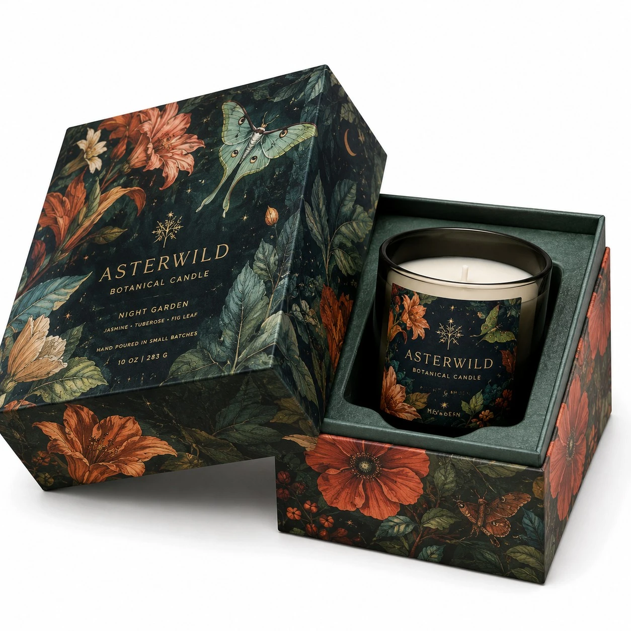 luxury candle packaging boxes botanical illustrated rigid