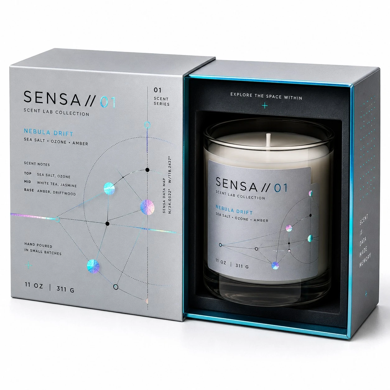 luxury candle packaging boxes silver tech drawer