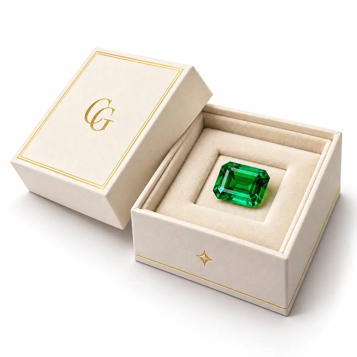 Angled view of an open ivory gemstone packaging box with a gold monogram lid and faceted green stone resting in a padded velvet cavity.