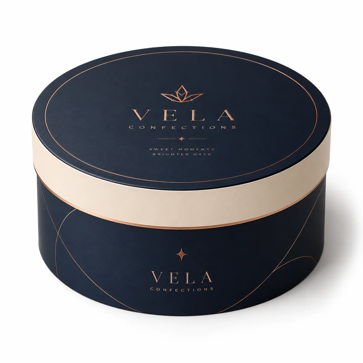 Luxury navy round cake box with VELA CONFECTIONS branding, copper lettering, cream lid band, and minimalist printed details