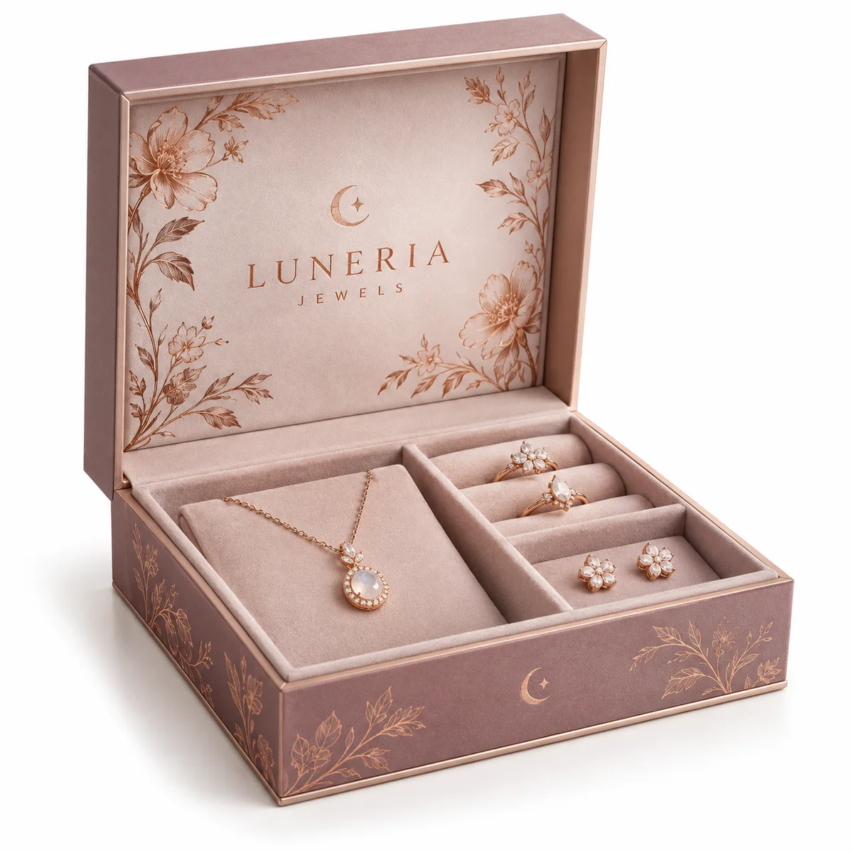 Open dusty-mauve Luneria Jewels book-style rigid box with rose-gold floral artwork and fitted velvet-look jewelry compartments.