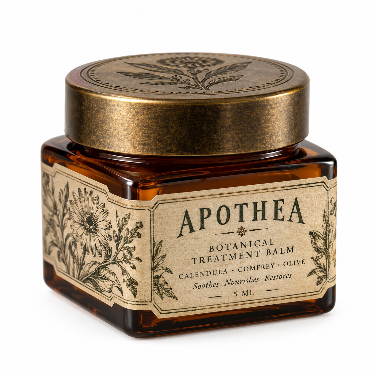Square amber 5ml cosmetic jar with bronze lid, vintage botanical label, and APOTHEA balm branding.