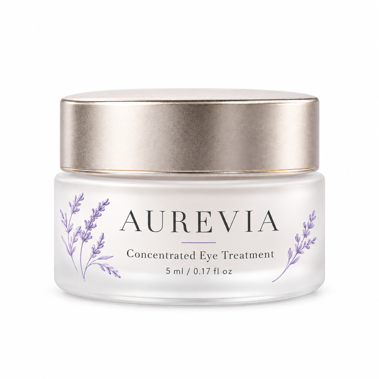 Straight-on front view of a custom 5ml cosmetic jar with AUREVIA branding, lavender botanicals, and champagne metallic lid.