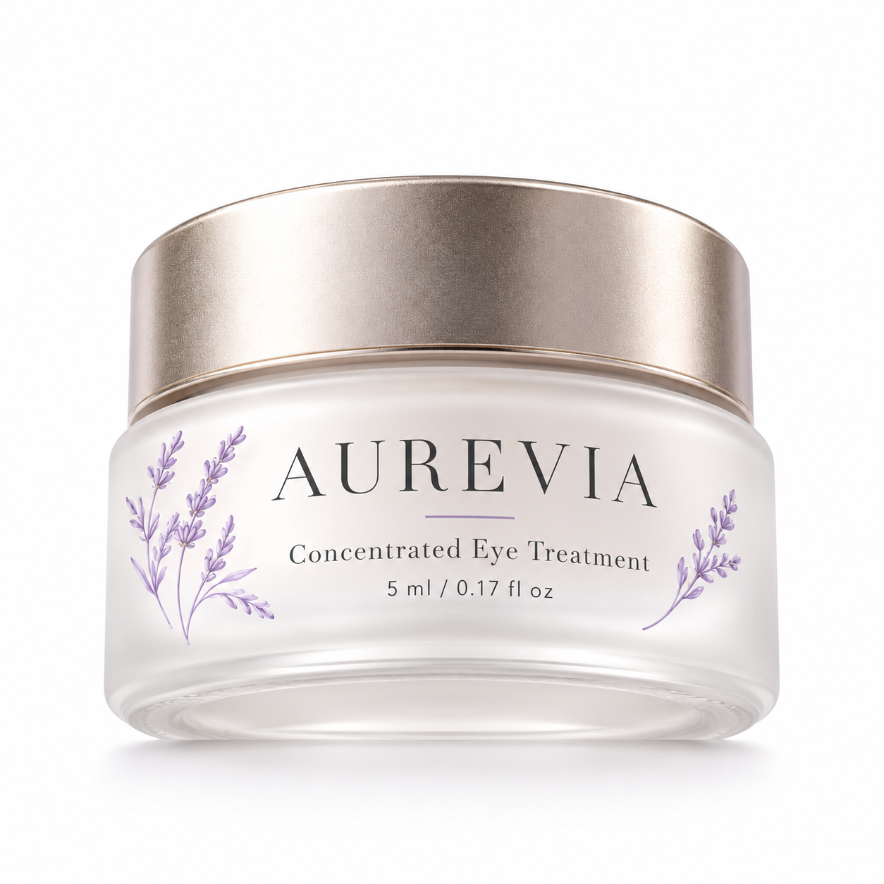 Low-angle view of an AUREVIA 5ml cosmetic jar showing the frosted glass base, metallic lid, and lavender botanical artwork.