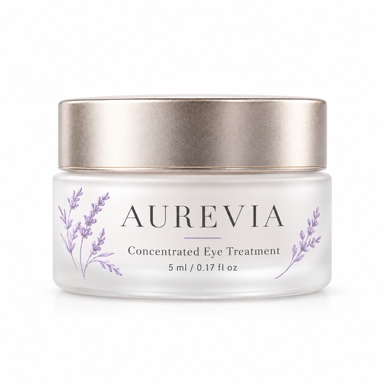 Side-profile view of a frosted 5ml cosmetic jar with champagne screw lid, lavender details, and AUREVIA eye treatment branding.
