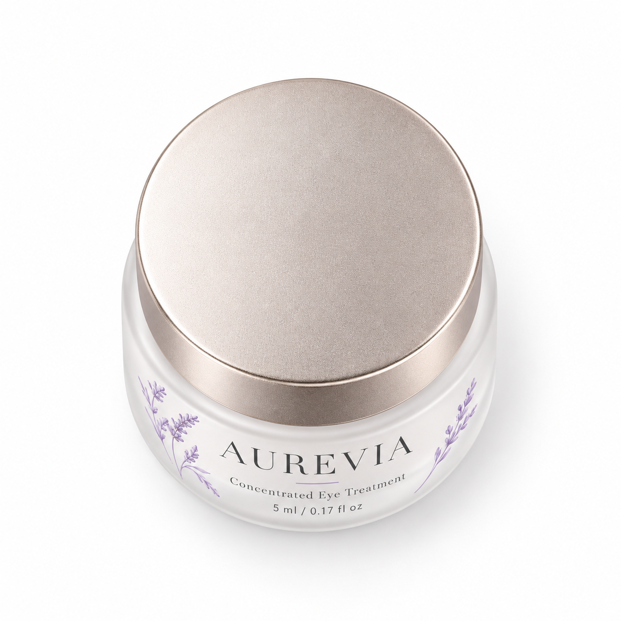 Top-down view of an AUREVIA 5ml cosmetic jar with champagne metallic lid and frosted glass body on a white background.
