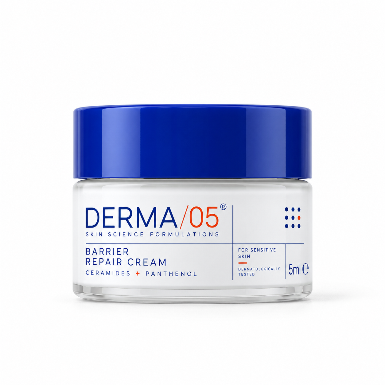 Side-view 5ml cosmetic jar with cobalt lid, white body, grid graphics, and clinical DERMA/05 labeling.