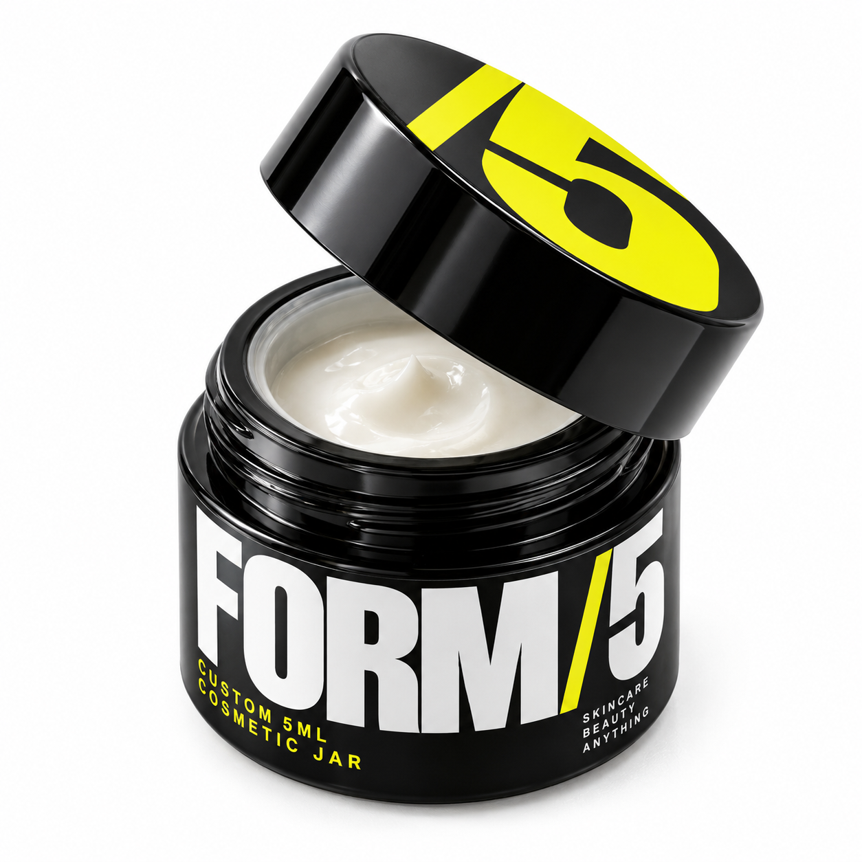 Open 5ml cosmetic jar with glossy black body, acid yellow graphics, bold FORM/5 type, and visible cream.