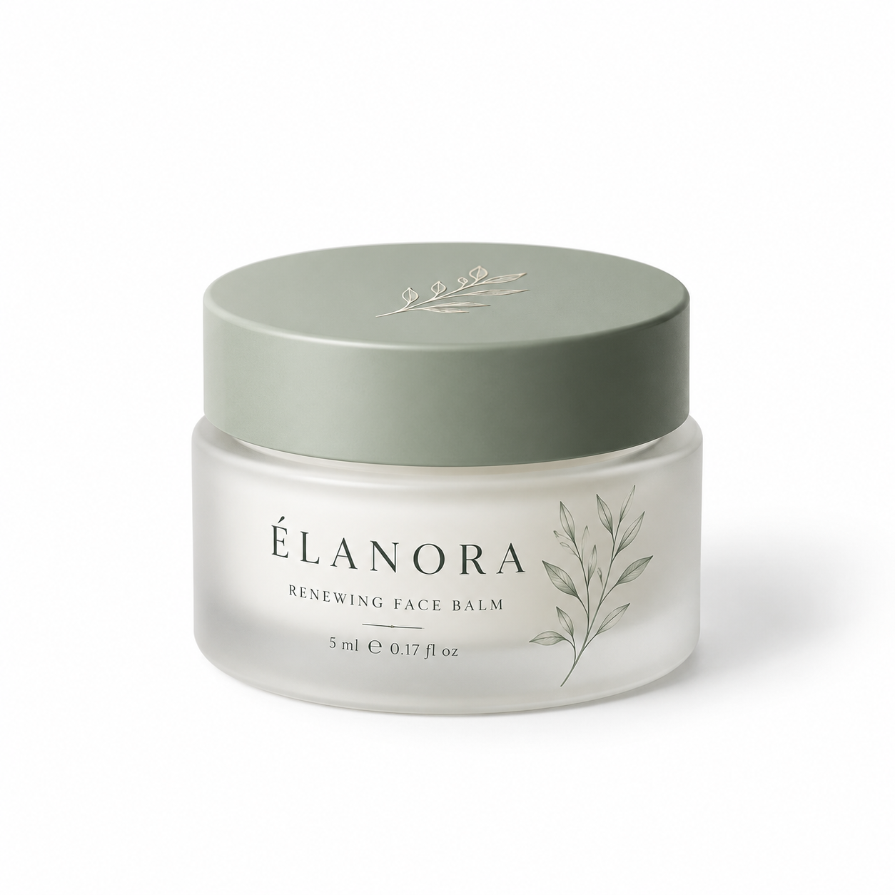 Frosted 5ml cosmetic jar with muted sage lid, botanical line art, and minimal ÉLANORA skincare branding.