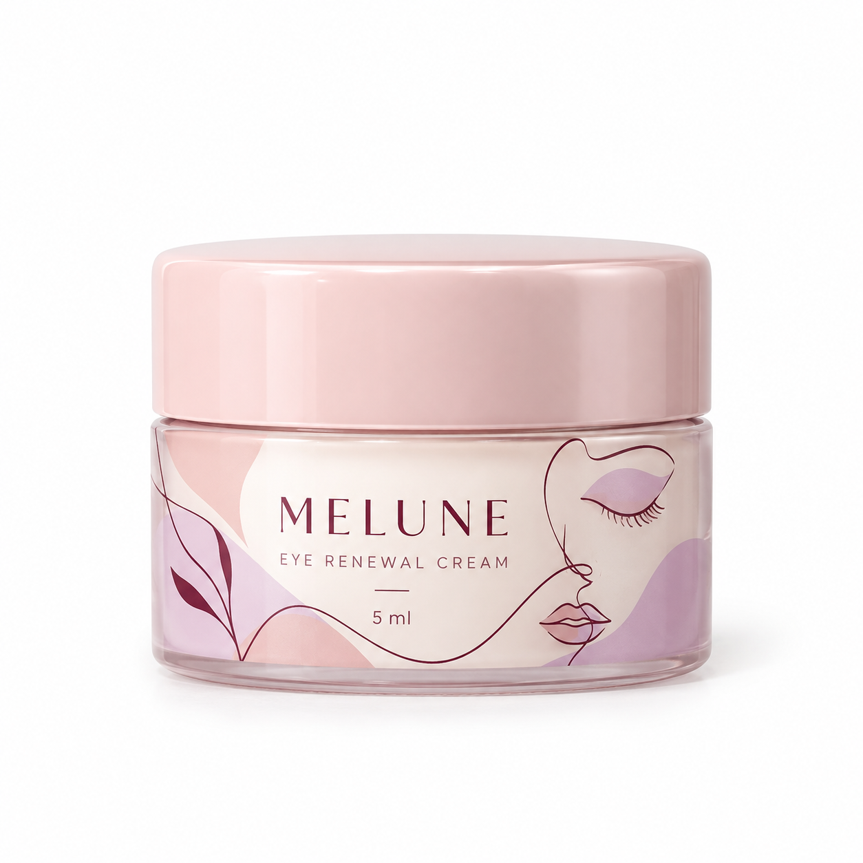 Blush 5ml cosmetic jar with lilac accents, abstract face line art, and MELUNE eye cream branding.