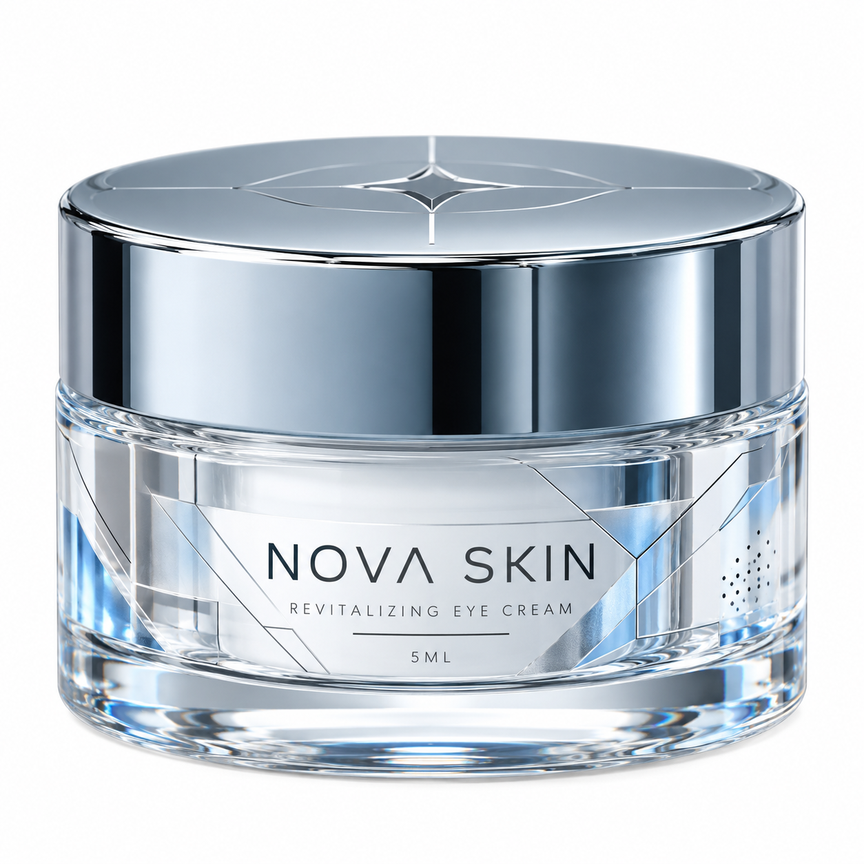 Clear acrylic 5ml cosmetic jar with reflective silver lid, geometric detailing, and NOVA SKIN branding.