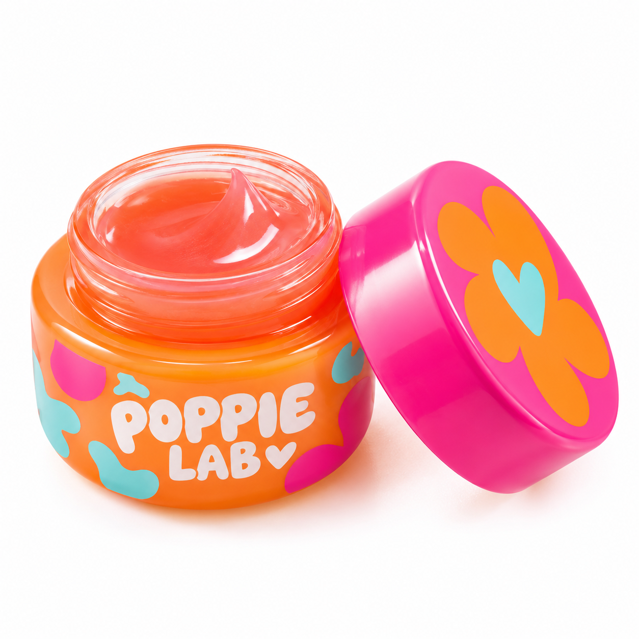 Open 5ml cosmetic jar with bright orange body, pink and aqua graphics, POPPIE LAB branding, and visible balm.