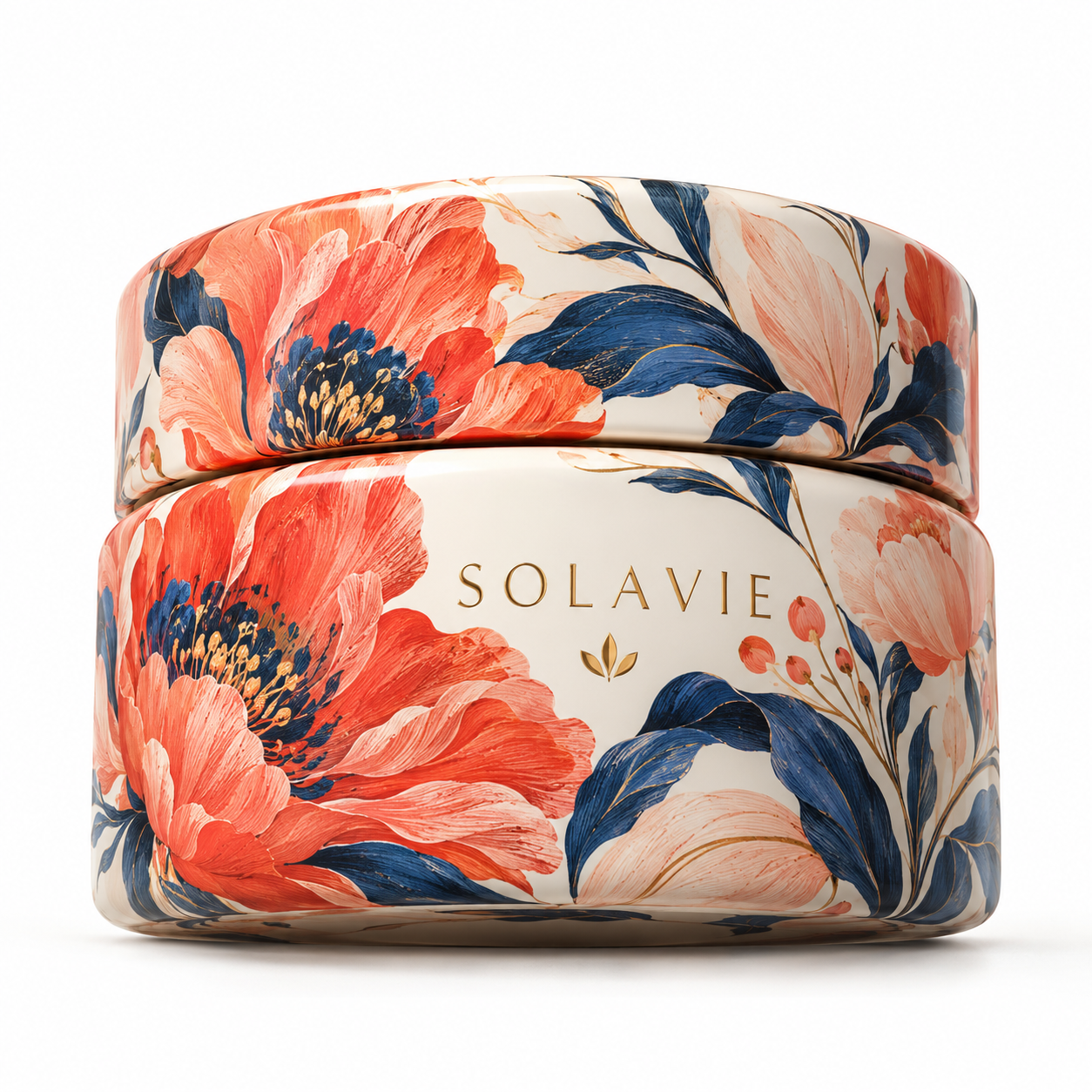 5ml cosmetic jar with full-wrap coral and indigo floral artwork, ivory base, and centered SOLAVIE branding.