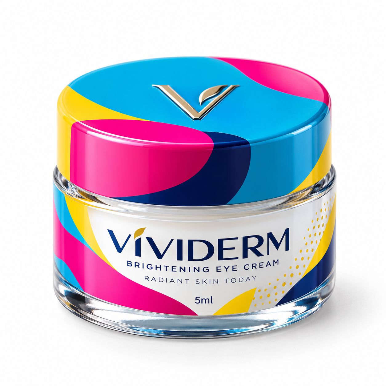 Clear 5ml cosmetic jar with cyan, magenta, yellow color blocks, glossy lid, and VIVIDERM eye cream branding.
