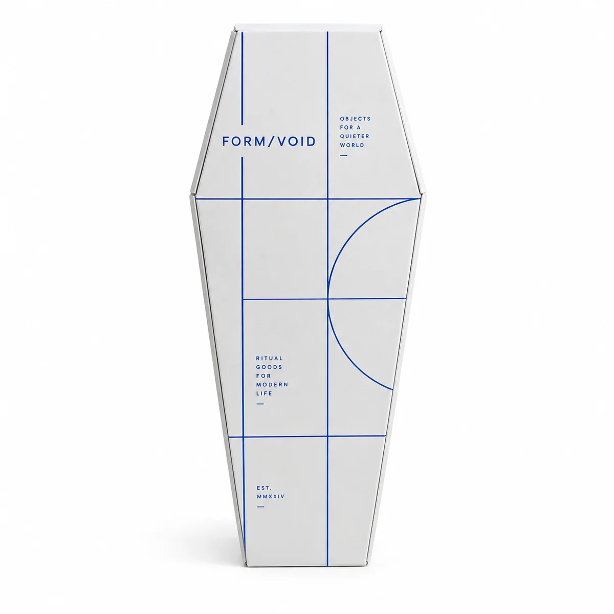 White coffin-shaped gift box with cobalt blue grid lines, geometric details, and FORM/VOID typography.