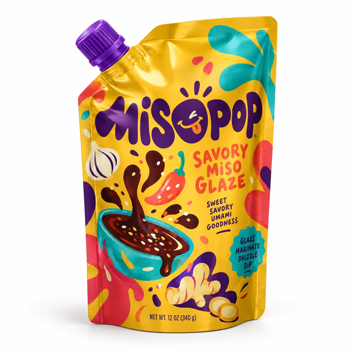 Yellow aluminum foil spout pouch with purple screw cap, colorful miso glaze illustrations, and playful MISOPOP lettering