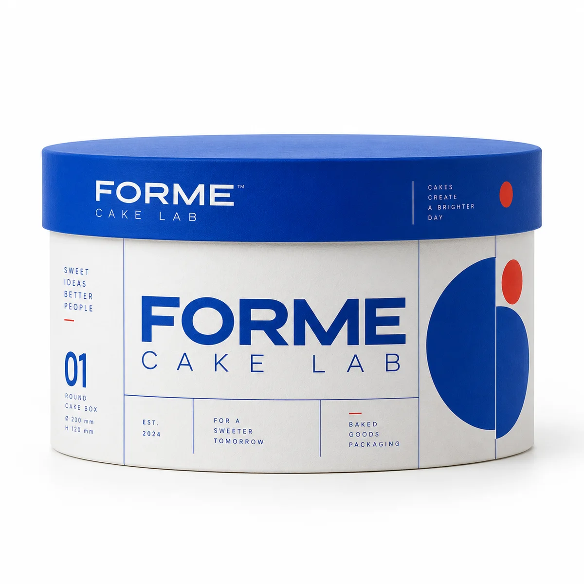 White cylindrical cake box with a cobalt-blue lid, FORME CAKE LAB typography, grid lines, and red graphic accents