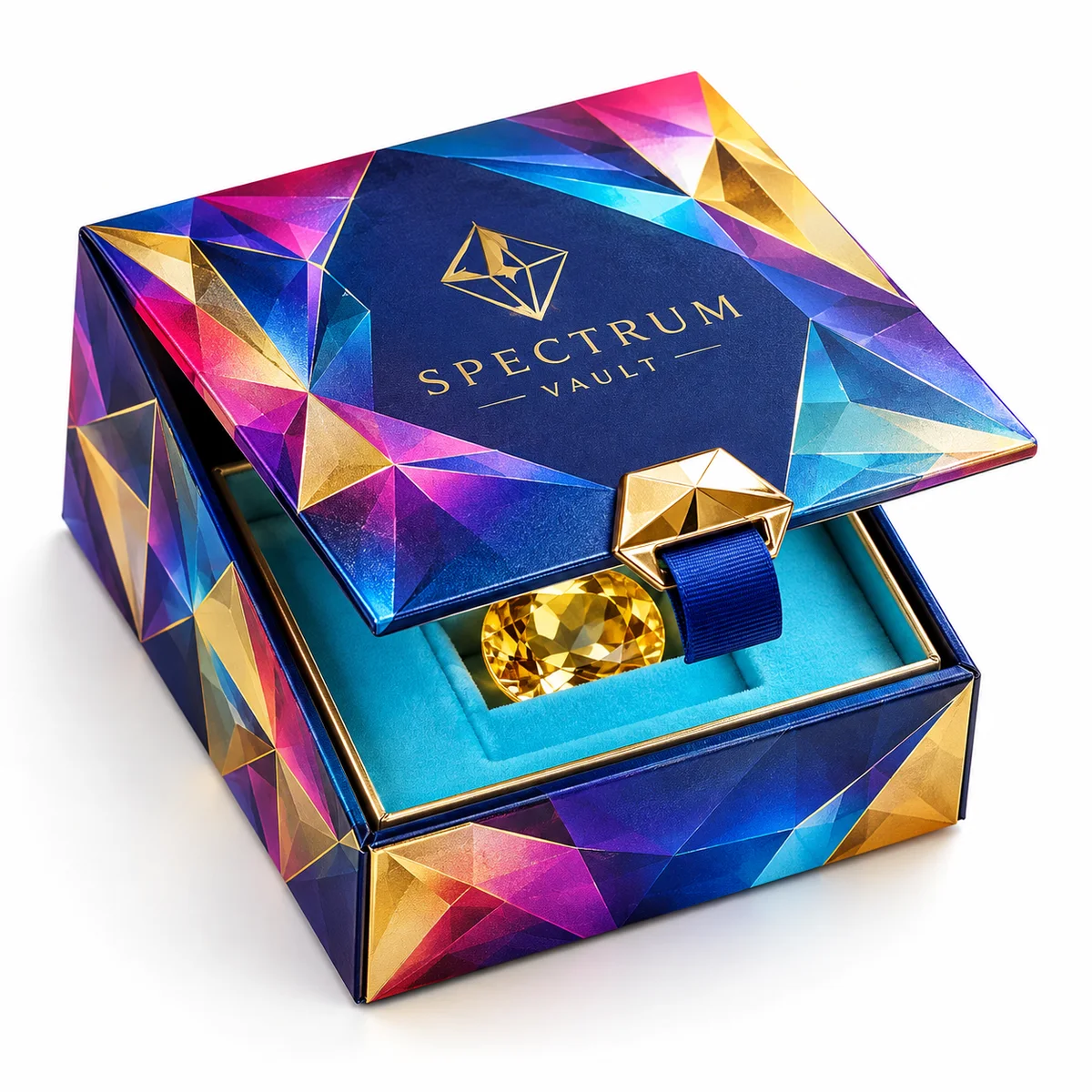 Vibrant rigid gemstone presentation box with multicolor crystal graphics, gold clasp, blue ribbon and yellow gemstone.