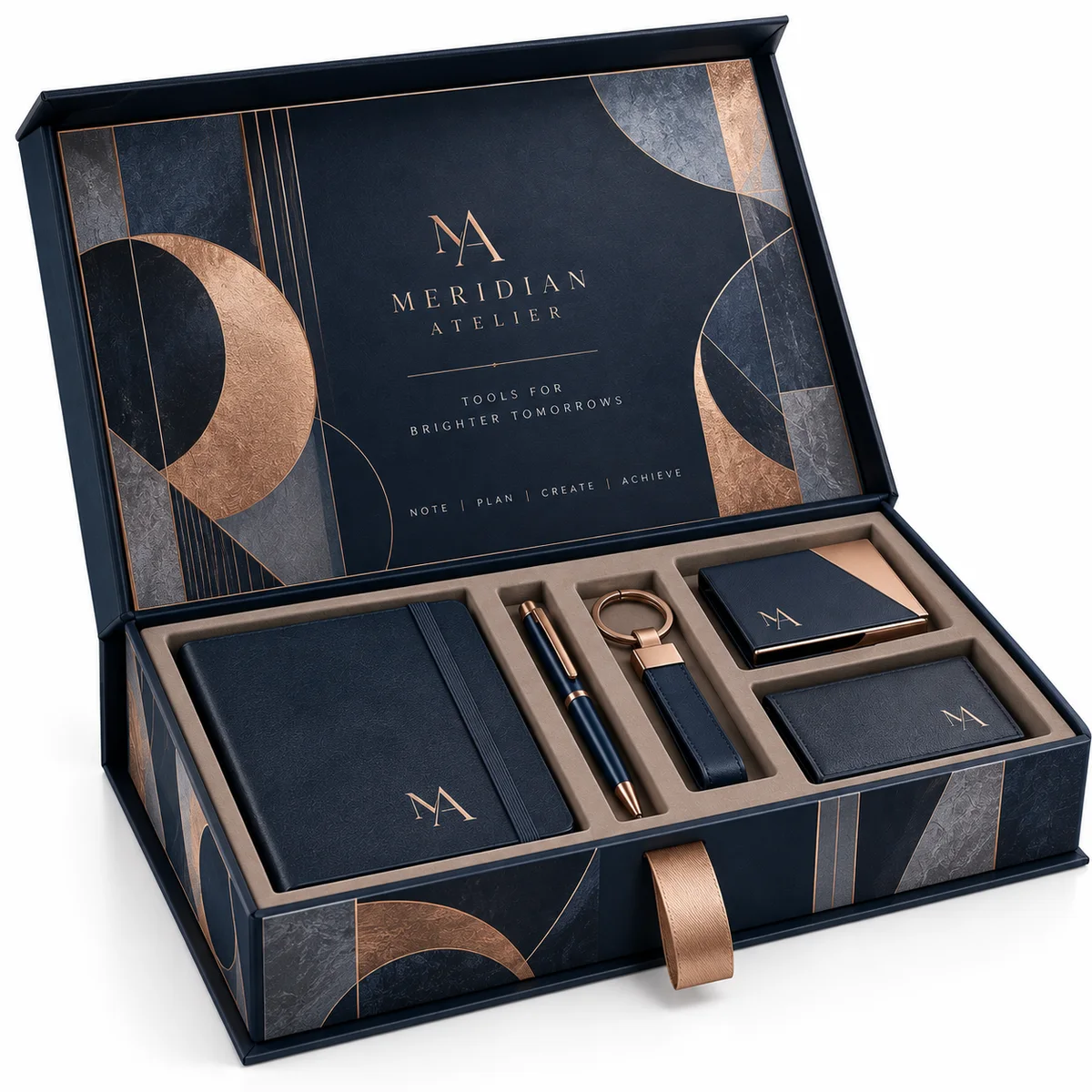 Open midnight-blue Meridian Atelier book-style rigid box with copper geometric artwork, notebook, pen and fitted executive accessories.
