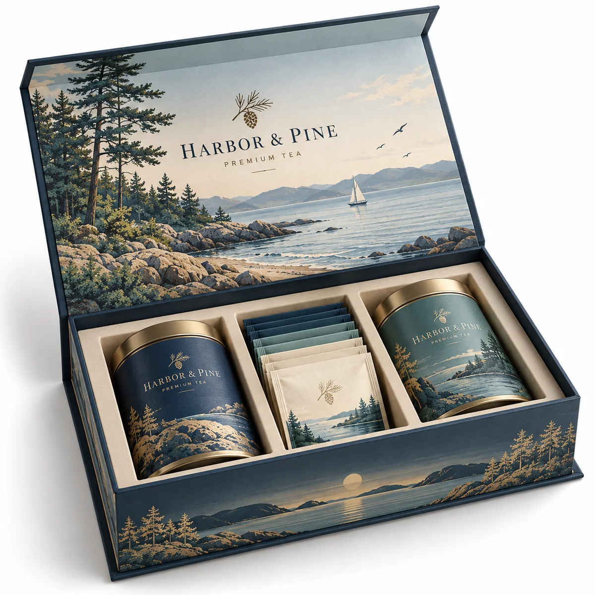 Open navy Harbor & Pine book-style rigid tea box with a coastal landscape printed inside the lid and divided tea compartments.