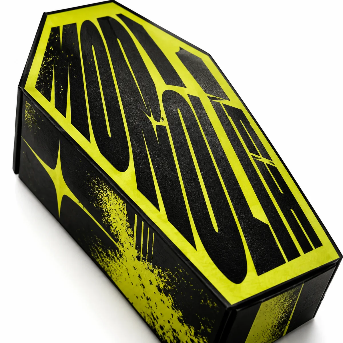 Black coffin gift box with oversized distressed typography in neon yellow and bold graphic accents.