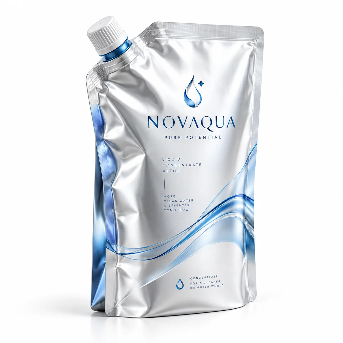 Silver aluminum foil spout pouch with blue wave graphics, white screw cap, and minimal NOVAQUA concentrate branding