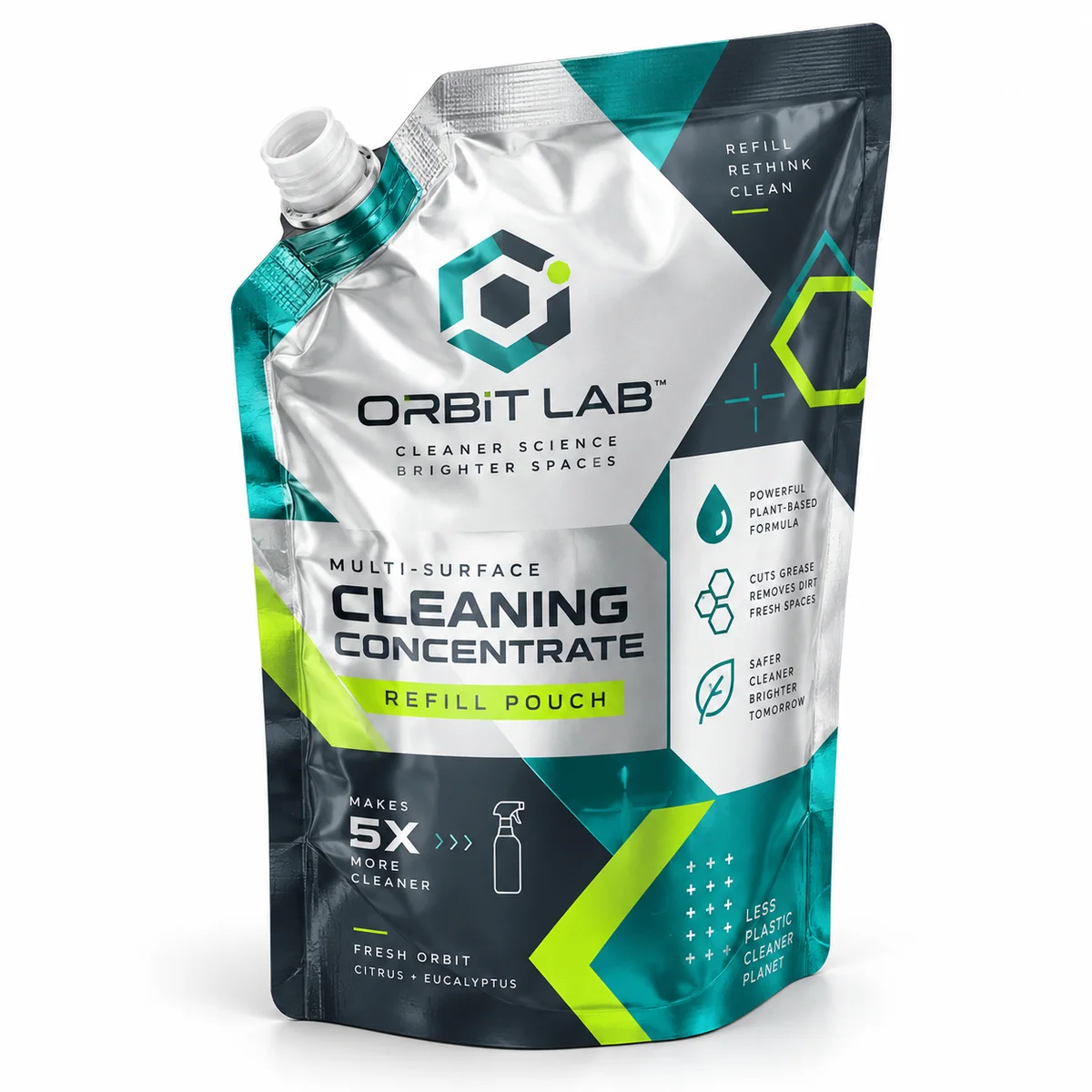 Aluminum foil cleaning concentrate pouch with open dispensing spout, teal geometric graphics, and ORBIT LAB branding